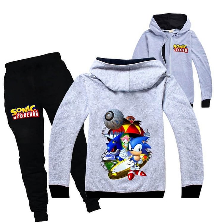 Mayoulove Boys Girls Sonic The Hedgehog Print Cotton Zip Up Hoodie Jogger Pants-Mayoulove