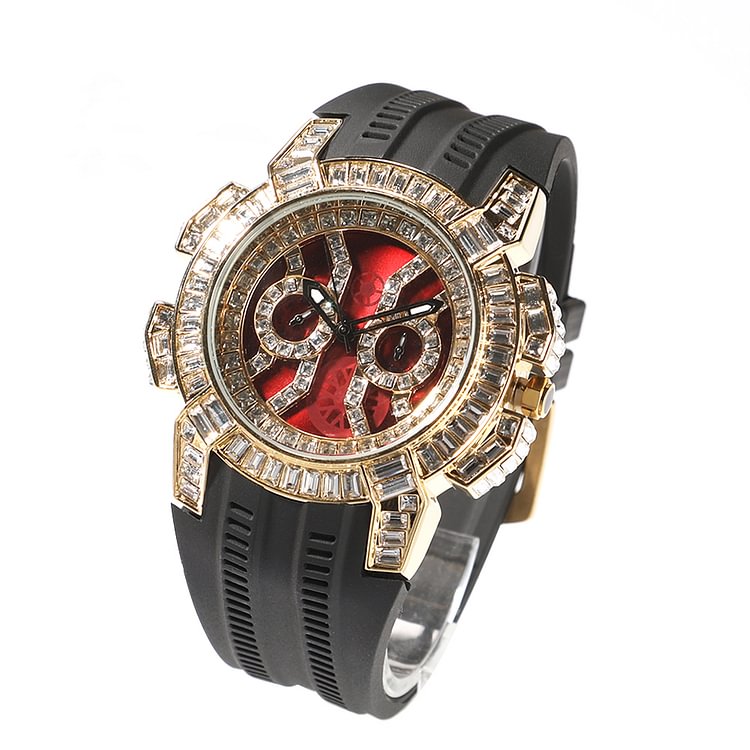 Big Dail Silicone Strap Iced Out Baguette Cubic Zirconia Luxury Men's Watch