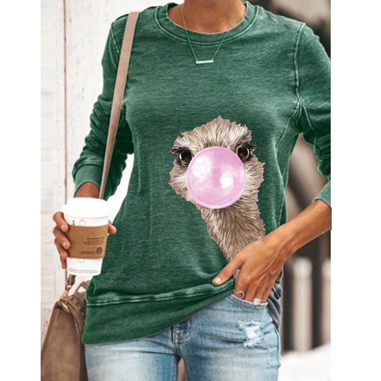 Women Animal Ostrich Print Long Sleeves Casual Tees