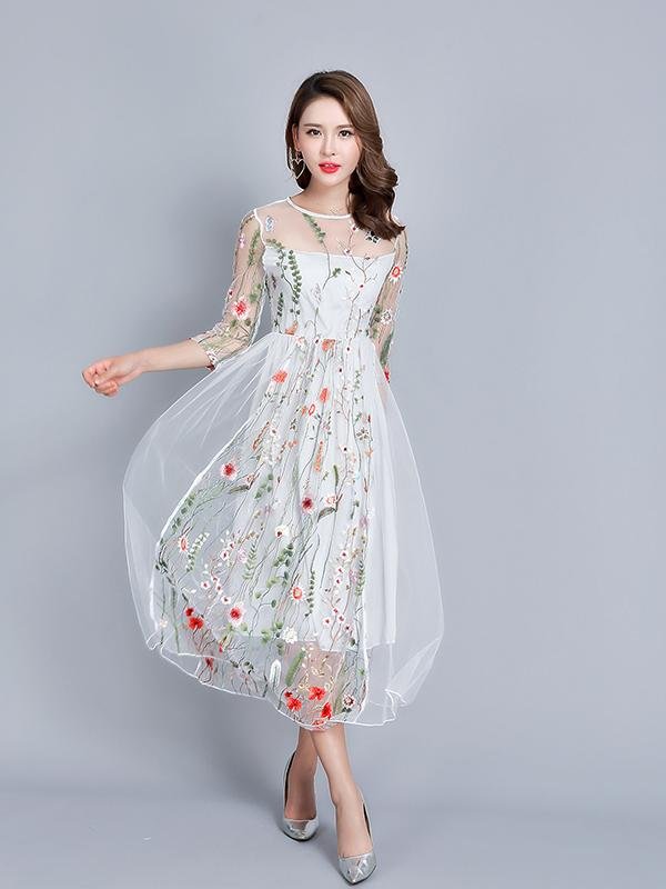 Women Fashion Lace Party Dress Formal Occassion Dress Lace 3/4 Sleeve Dress