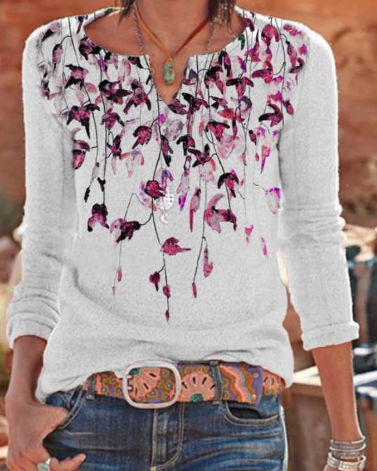 New Pullover Loose Leaf Print Top