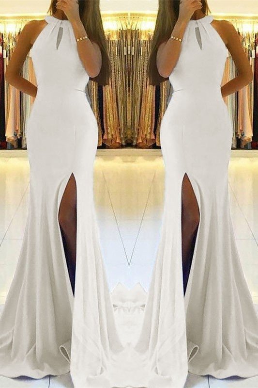 Luluslly White Sleeveless Mermaid Prom Dress Long With Split