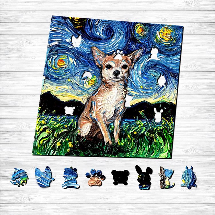 Van Gogh Starry Sky - Brown Chihuahua Wooden Puzzle