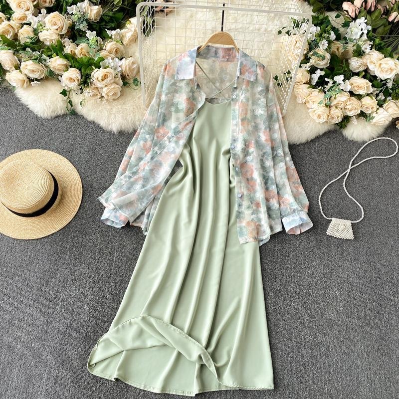Casual Floral Cardigan +Cami Dress P10506
