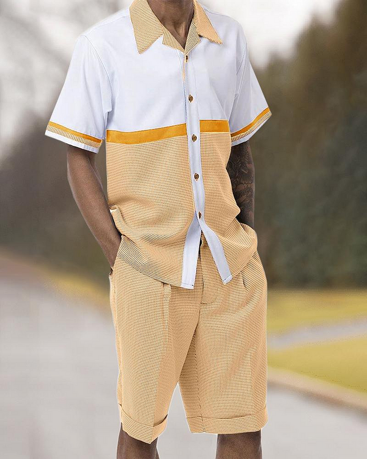 Gold 2 Piece Short Sleeve Walking Suit Set Horizontal Color Block with Shorts