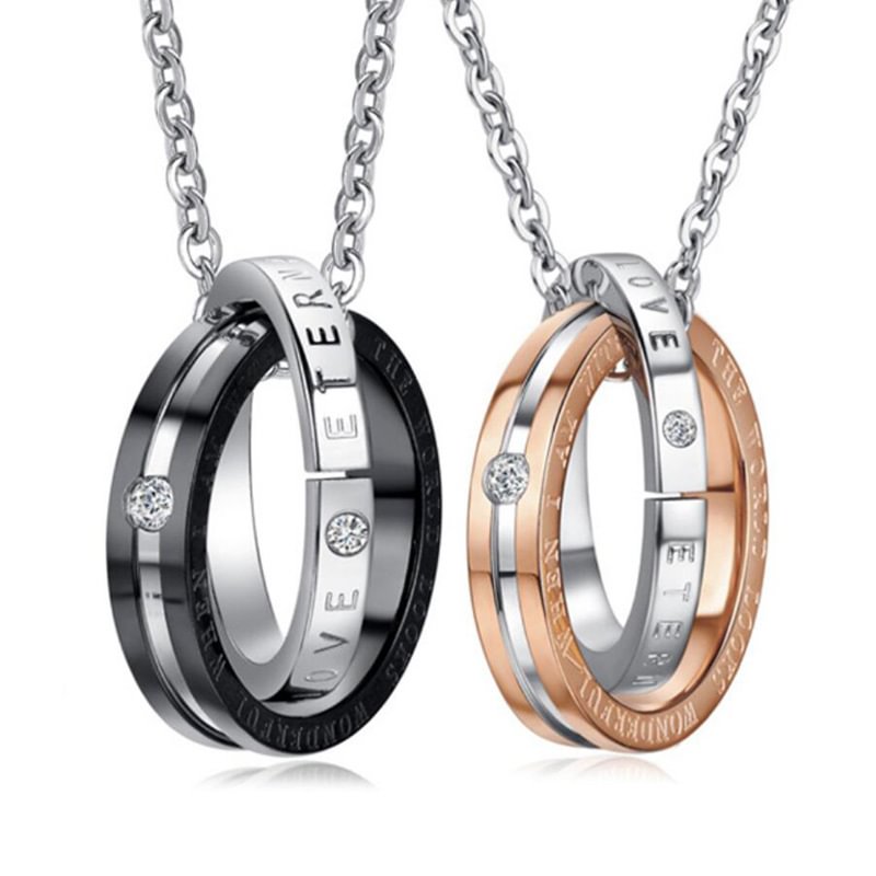 Titanium Steel Diamond Double Ring Ring Couple Pendant Necklace