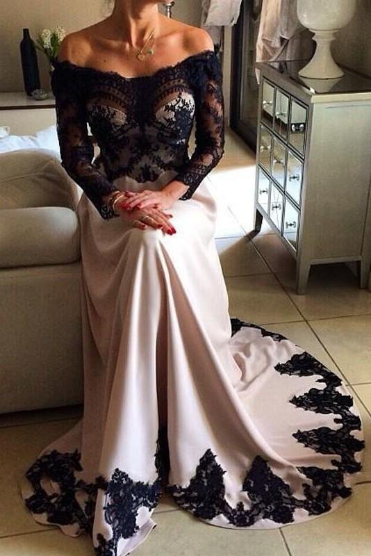 Luluslly Long Sleeves Black Lace Prom Dress Mermaid Evening Gowns