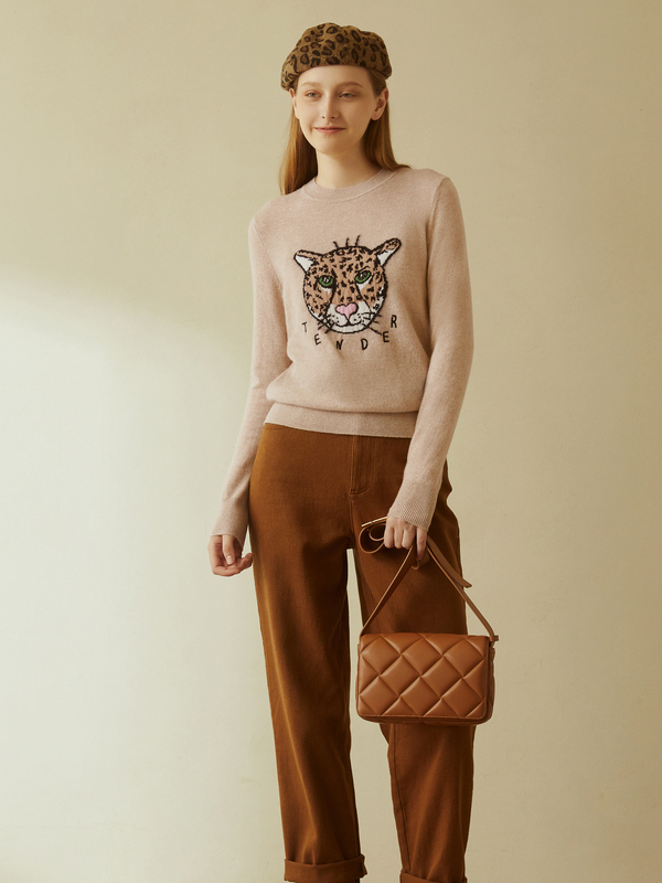 Jacquard Leopard Cartoon Cashmere Sweater-Real Silk Life