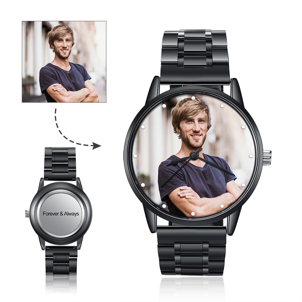 Personalized Engraved Watch Photo Wirst Watch with Black Strap Men's Watch Waterproof