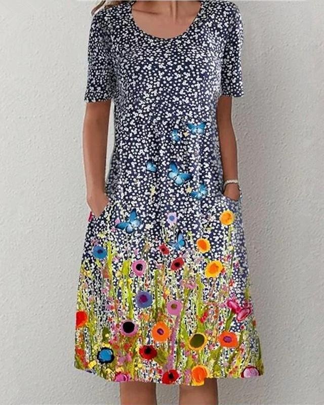 Women's Shift Dress Midi Dress - Short Sleeve Print Print Summer Hot Casual vacation dresses Blue S M L XL XXL 3XL 4XL 5XL-Corachic