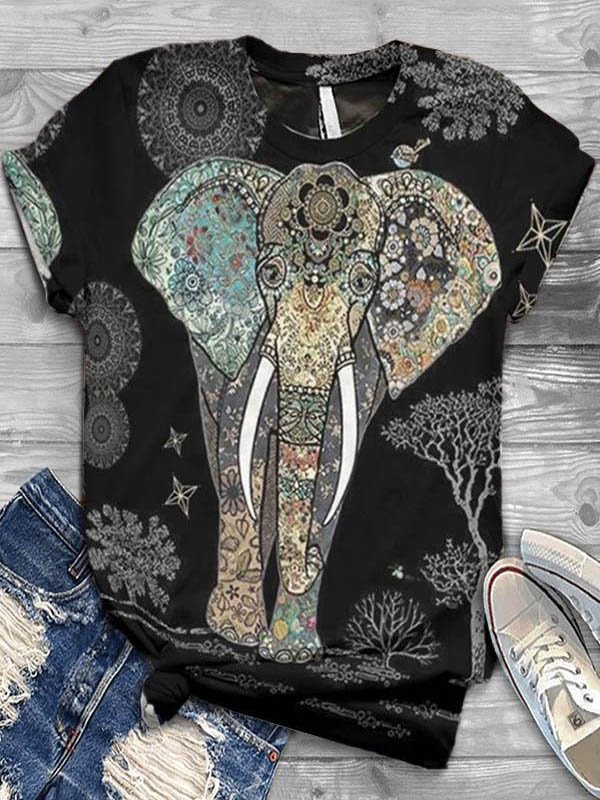 Casual Cartoon Elephant Floral Print Paneled Short Sleeves Crew Neck T-shirt