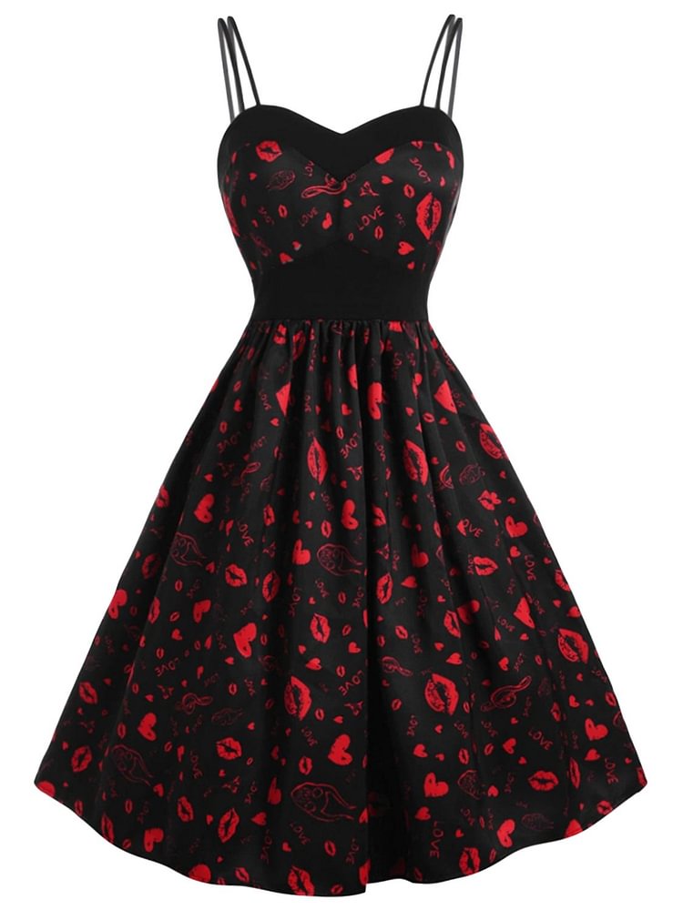 Mayoulove 1950s Dress Red Lips Print Dress Slip Dress-Mayoulove