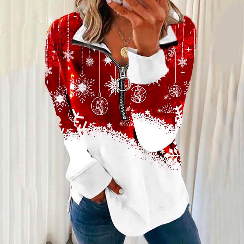 Christmas Decoration Printed Casual Half-Zip Sweatshirt