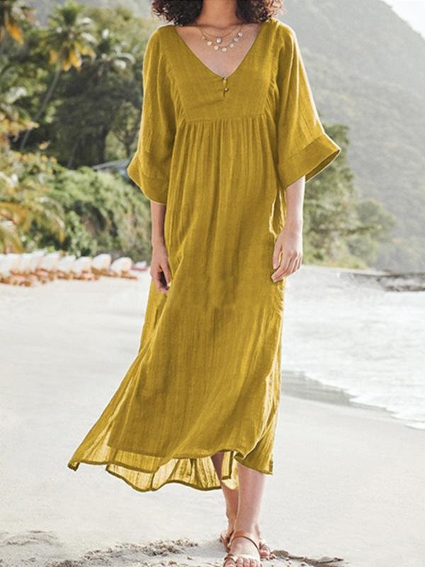 Fashion solid color loose cotton and linen dress-Mayoulove