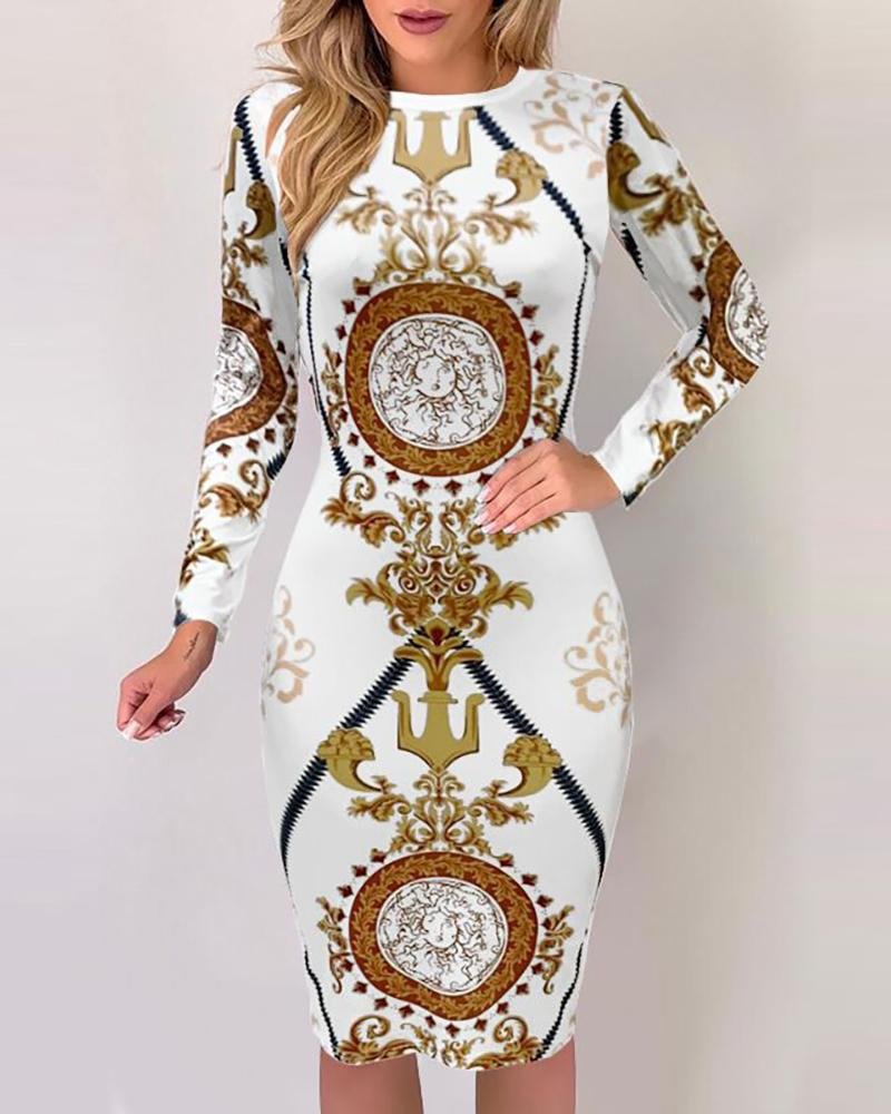 Baroque Print Long Sleeve Midi Dress-Corachic