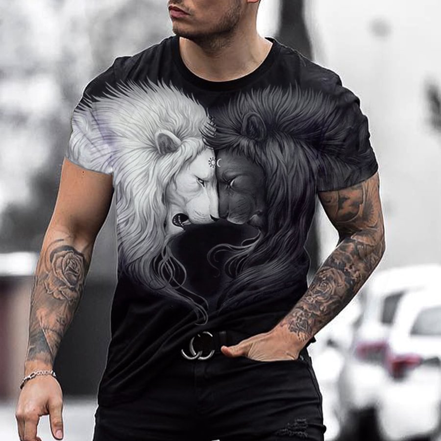 Fashion black and white lion short sleeve round neck T-shirt / [viawink] /