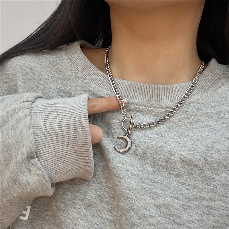 Smooth Titanium Steel Meniscus Pendant Necklace Ring OT Buckle Sweater Chain / Techwear Club / Techwear