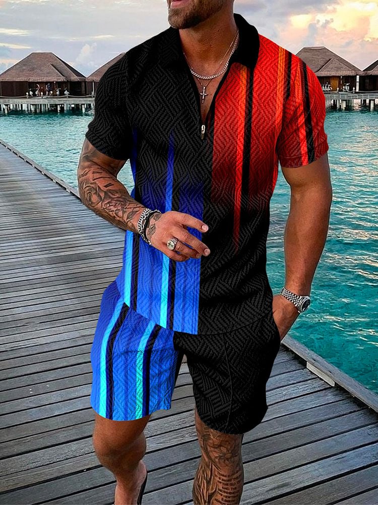 Men's Vacation Blue and Red Printed Polo Suit