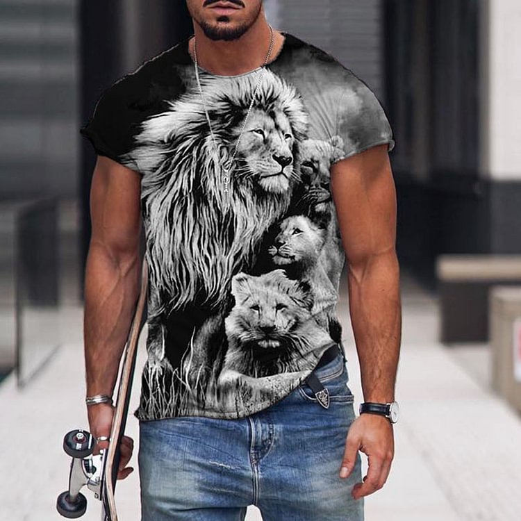 BrosWear Men's Casual Fashion Lion Family Print Short Sleeve T-Shirt