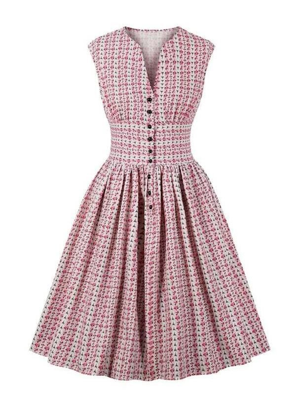 Women's 50s Calico Print Button Up Flared Dress