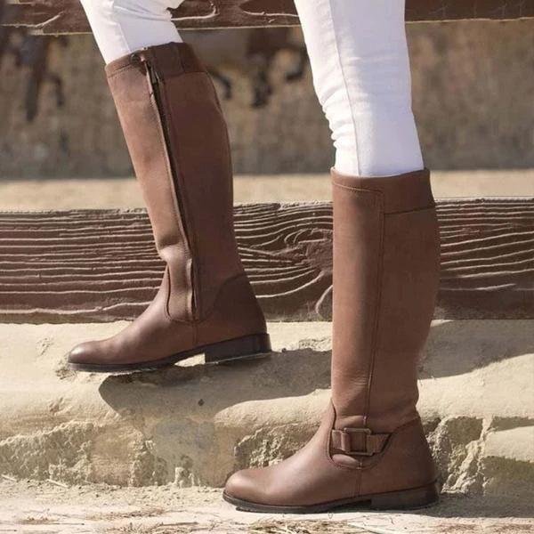 Flat Heel Buckle Strap Zipper Boots-Corachic