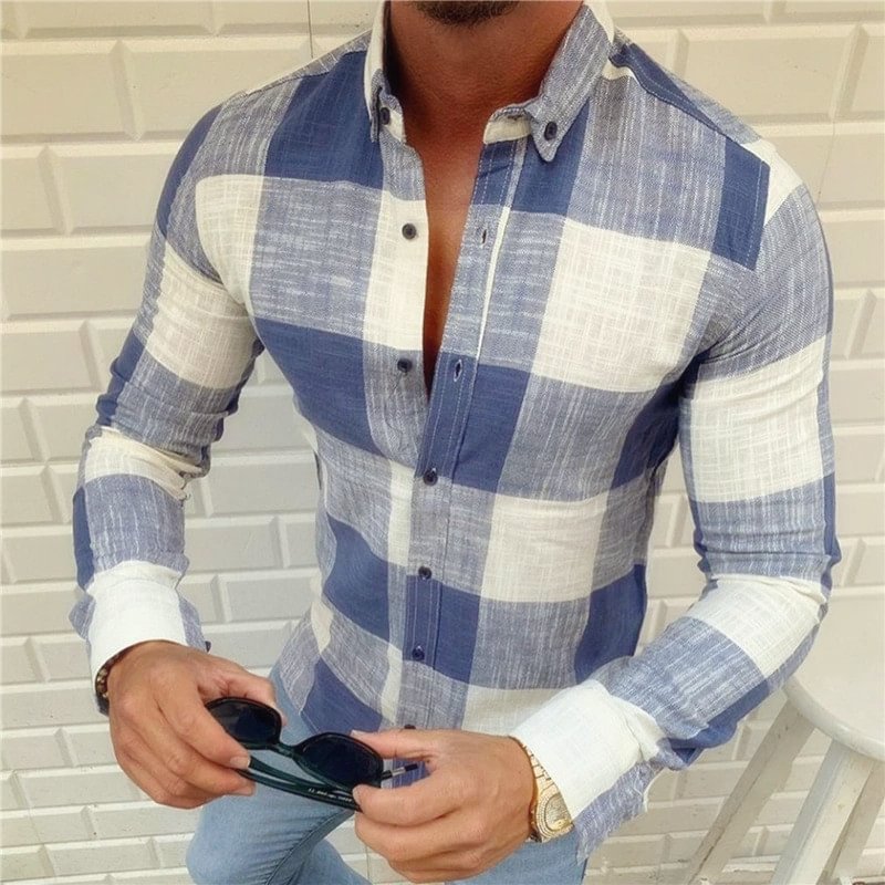 Men's Casual Plaid Linen Tops Long Sleeve Shirts-VESSFUL
