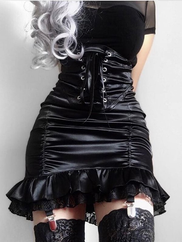 Vintage Paneled Lace Up Gathered High Rise Bodycon Skirt