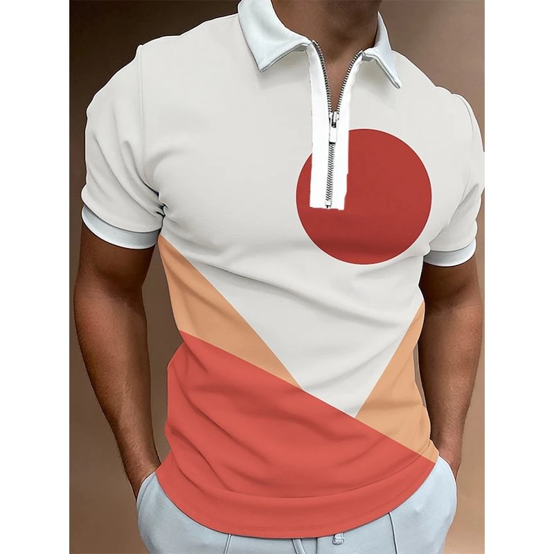 Abstract Geometry Pattern Casual Short Sleeve Tops Zipper Men's Polo Shirts-VESSFUL