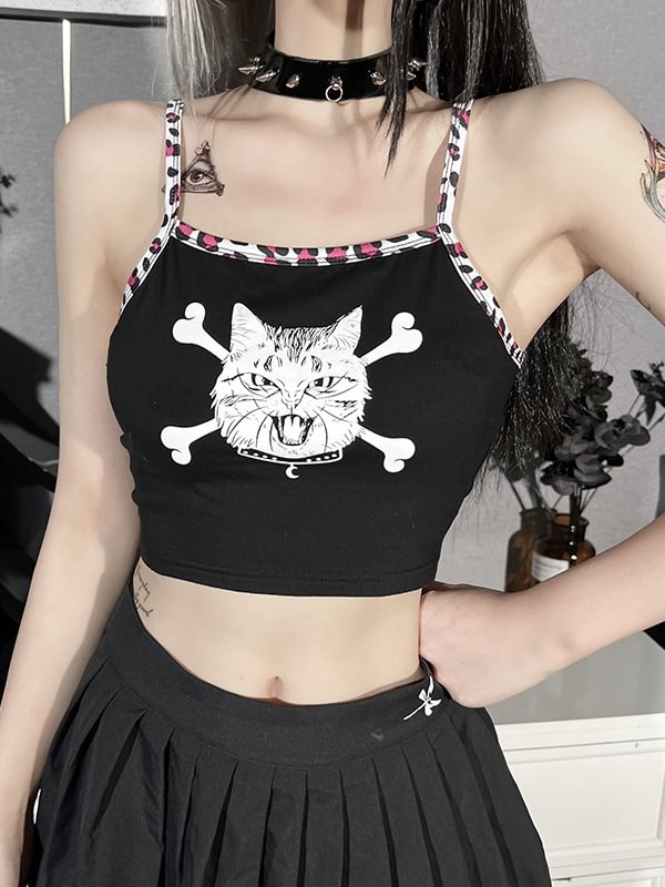 Cat Leopard Piping Solid Color Slim Spaghetti Straps Crop Top