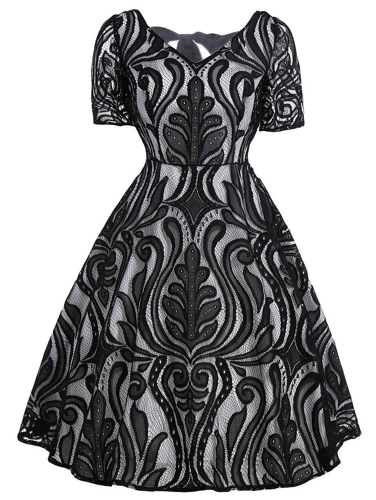 Mayoulove 1950s V Neck Bow Decor Lace Halter Dress-Mayoulove