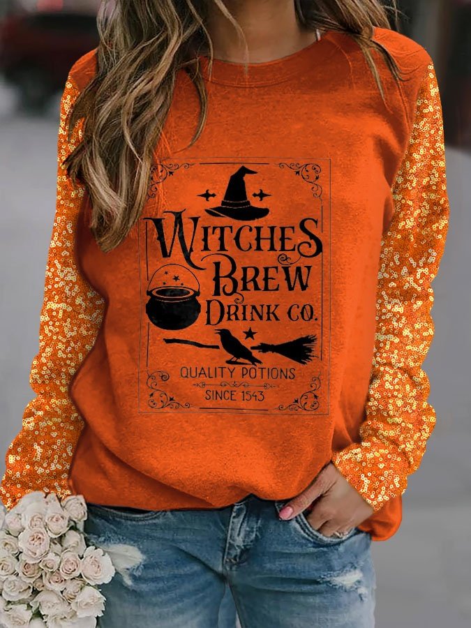 Halloween Fashion Patchwork Sequin Print Long Sleeve Sweatshirt