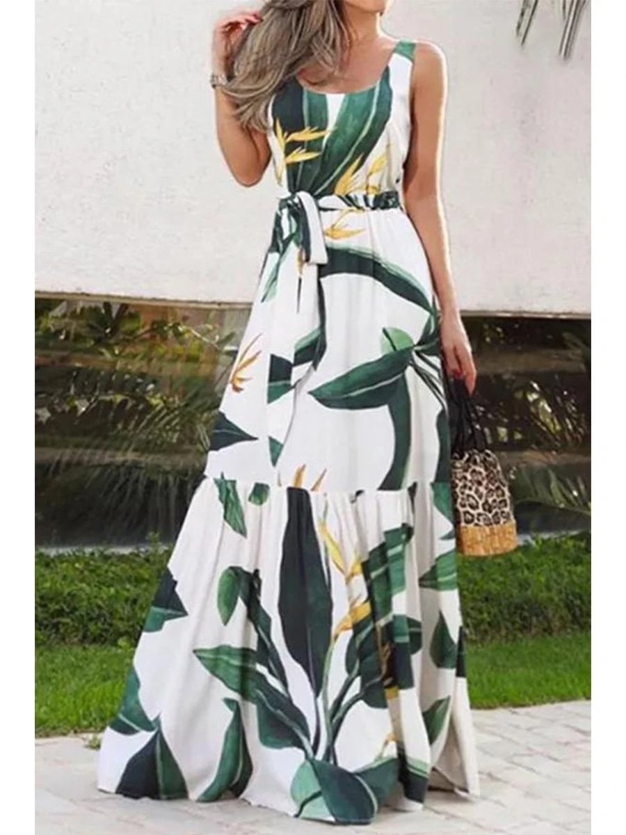 Bohemian Green Printed Bouquet Waist Dress P10279