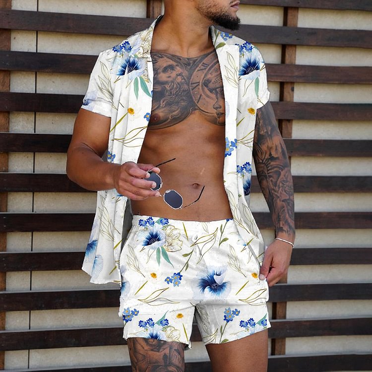 BrosWear Blue Flower Shirt And Shorts Two-Piece Set