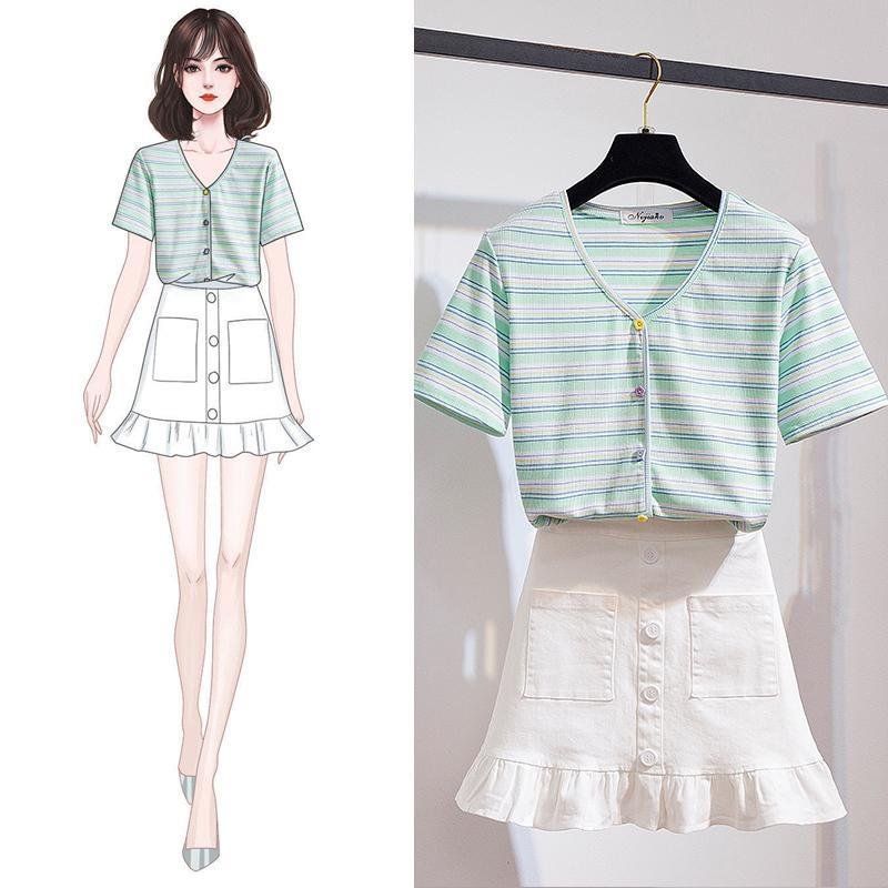 Fashion Stripe Tee+Solid Color Skirt P11731
