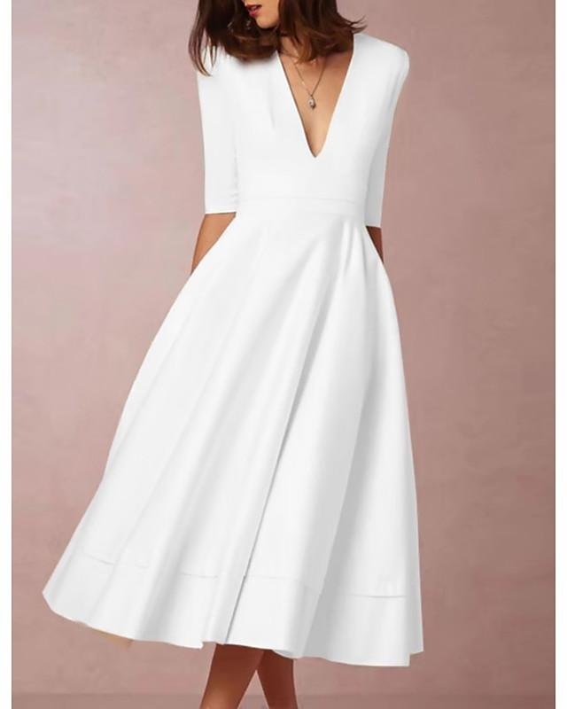 Women's Swing Dress Midi Dress Half Sleeve Hot White S M L XL XXL 3XL-Corachic