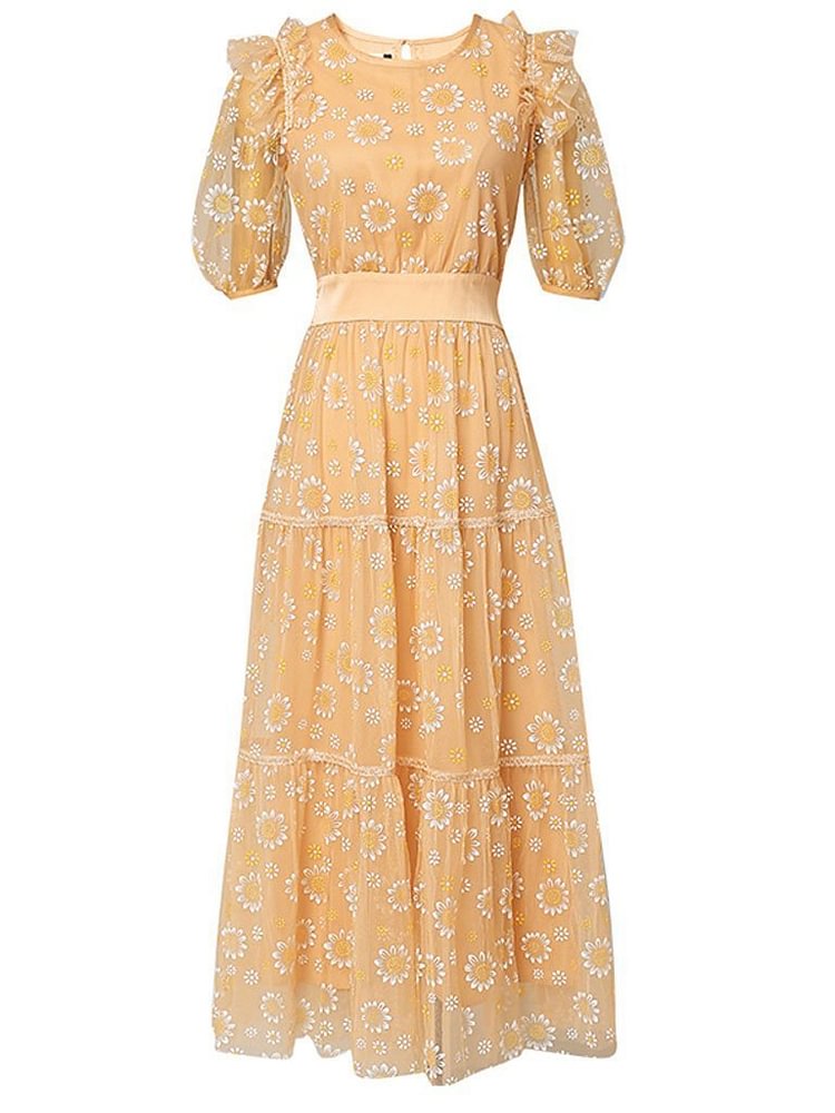 Mayoulove Yellow Daisy Puff Sleeve 1950S Vintage Maxi Dress-Mayoulove