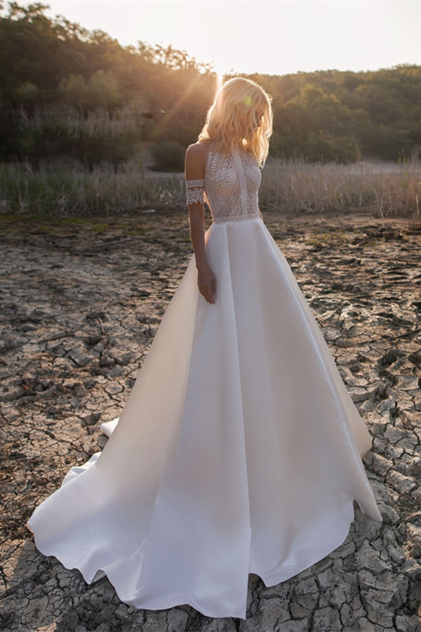 satin button back wedding dress