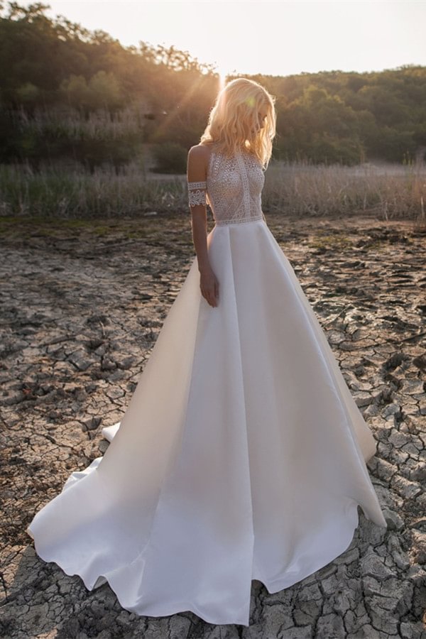 Bohemian Lace Satin Wedding Dresses With Button Back