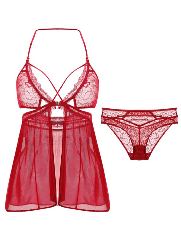 Pajamas Lace Transparent Nightdress Set-Icossi