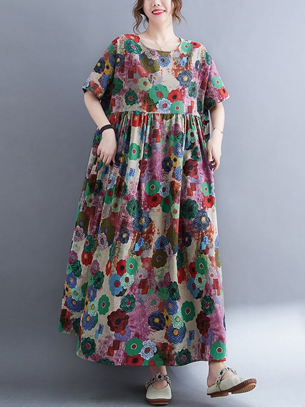 Vintage Loose Multi-Colored Floral Printed Midi Dress