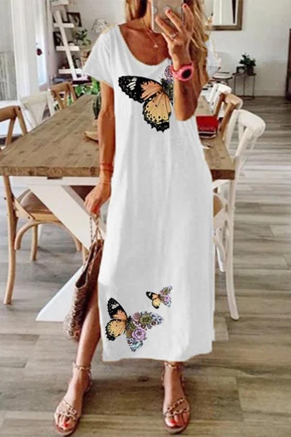 Casual Butterfly Printed Short Sleeve Maxi Dress P10467