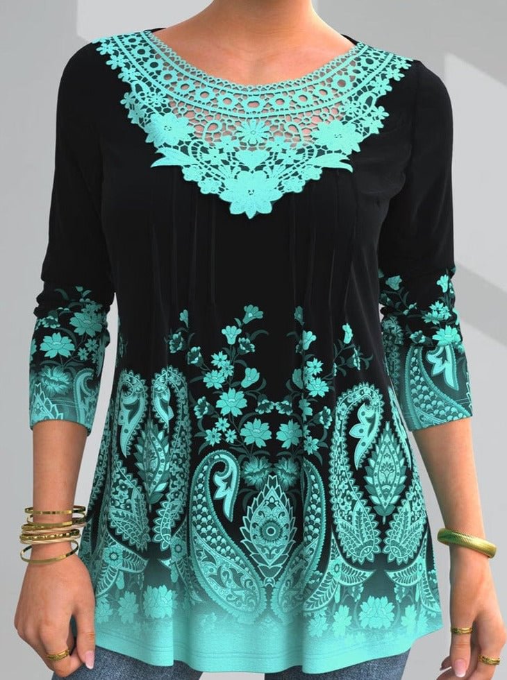 Solid Lace Patchwork Round Neck Blouse