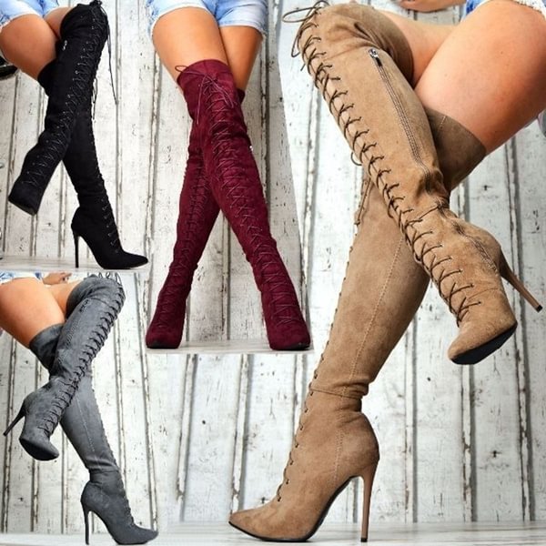 Women's Autumn And Winter High Heel Long Boots Solid Color Suede Bandage Pointed High Ladies Boots Knee High Boots