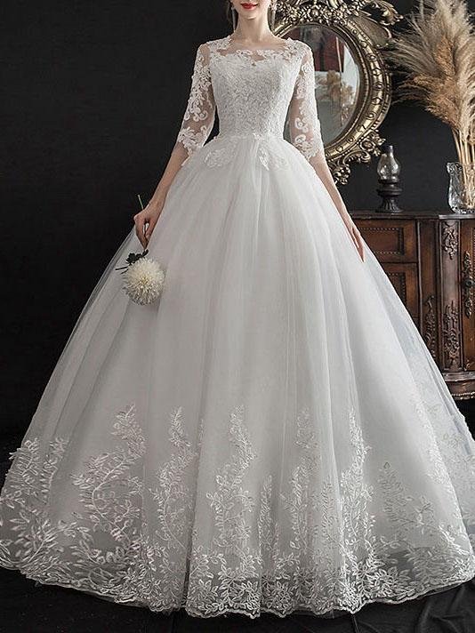 Lace embroidery white prom wedding dress