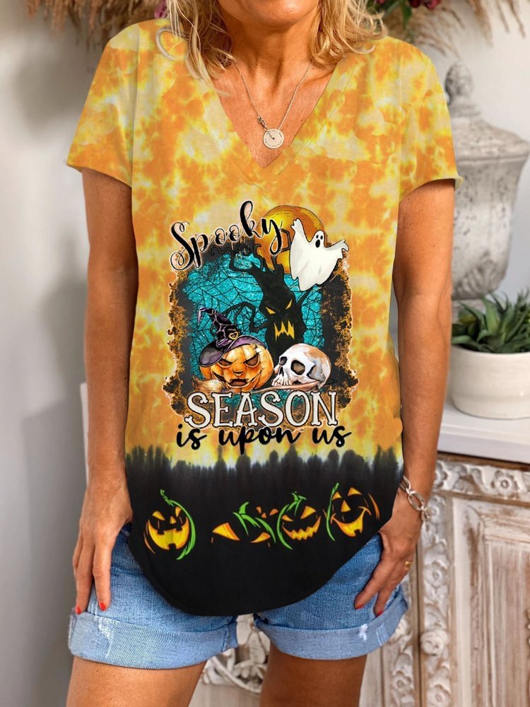 Spooky Season Pumpkin Halloween Tie Dye Print Short Sleeve T-shirt