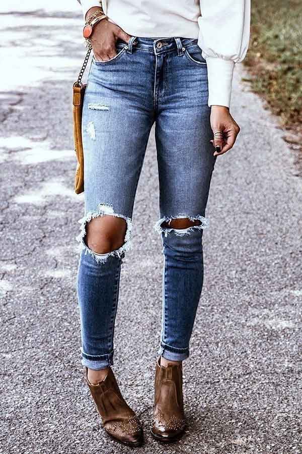 Womens Ripped Washed Skinny Jeans-Allyzone-Allyzone