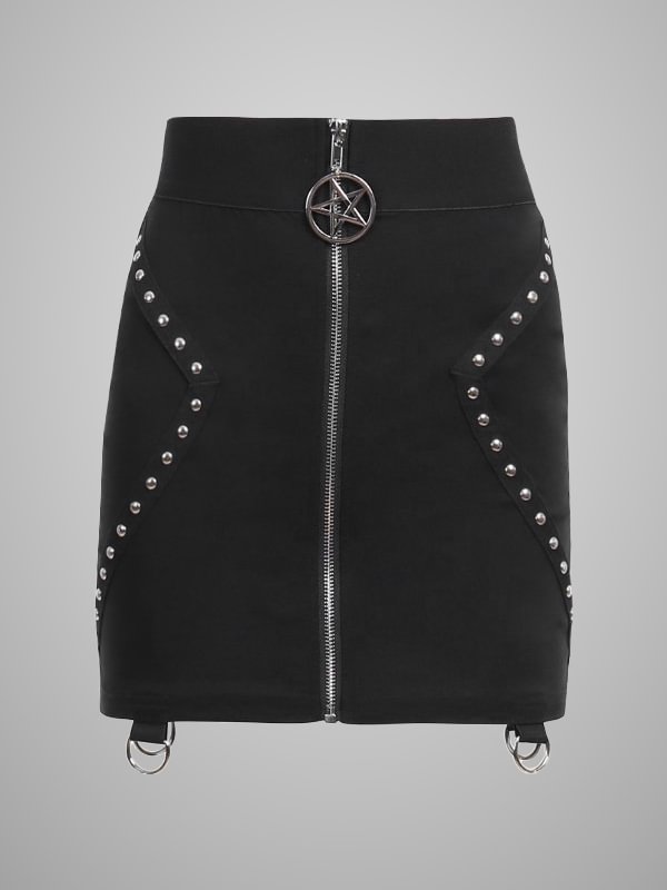 Gothic Dark Rivets Front Zipper Star Decorated Bodycon Skirt