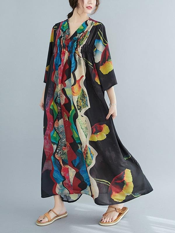 Loose Abstract Printed V-Neck Dress