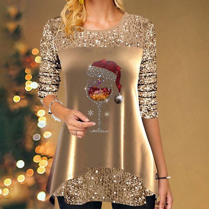 Wine Glass With Christmas Hat Printed Women's Tops