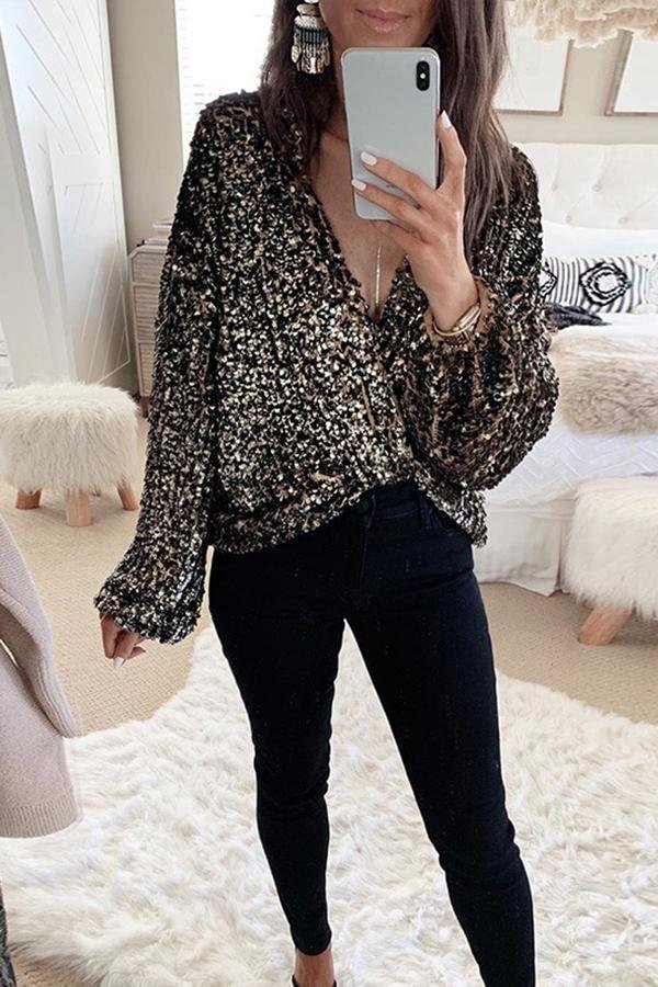 Sexy Sequined Deep V Neck Blouse P14678